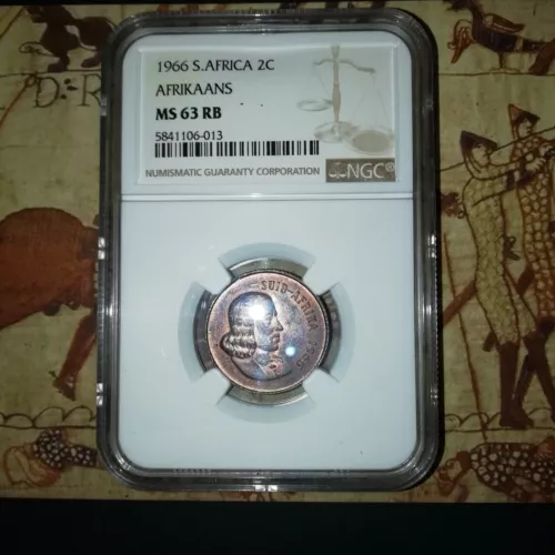 1966 South Africa Afrikaans 2 Cent NGC MS63 RB , Hard to find graded