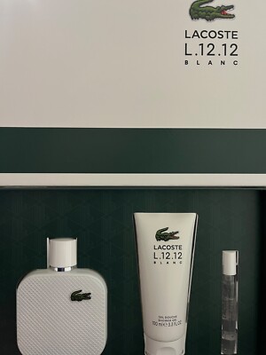 Lacoste Men's L.12.12 Blanc 3pcs Set EDT Spray (3.3oz + 0.25oz), Gel 3.3oz NIB