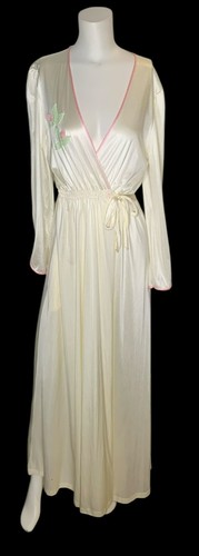Vintage 50er Kayser Elfenbein Morgenmantel bestickt Satin Kleid Wickel Nylon Nachthemd M Nachthemd - Bild 3 von 7