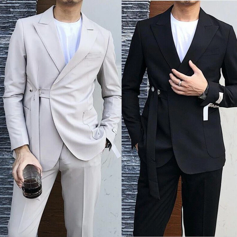 Men's 2 Piece Blazer Tuxedo Suit Asymmetric Button Belt Jacket Peak Lapel  Blazer