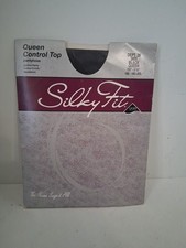 Vintage Silky Fit Pantyhose Black Queen Control Top Sandalfoot Lycra