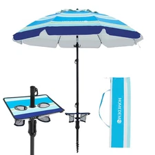 7ft Heavy Duty High Wind Beach Umbrella With Foldable Table & Hook, UV 50+ Pr...