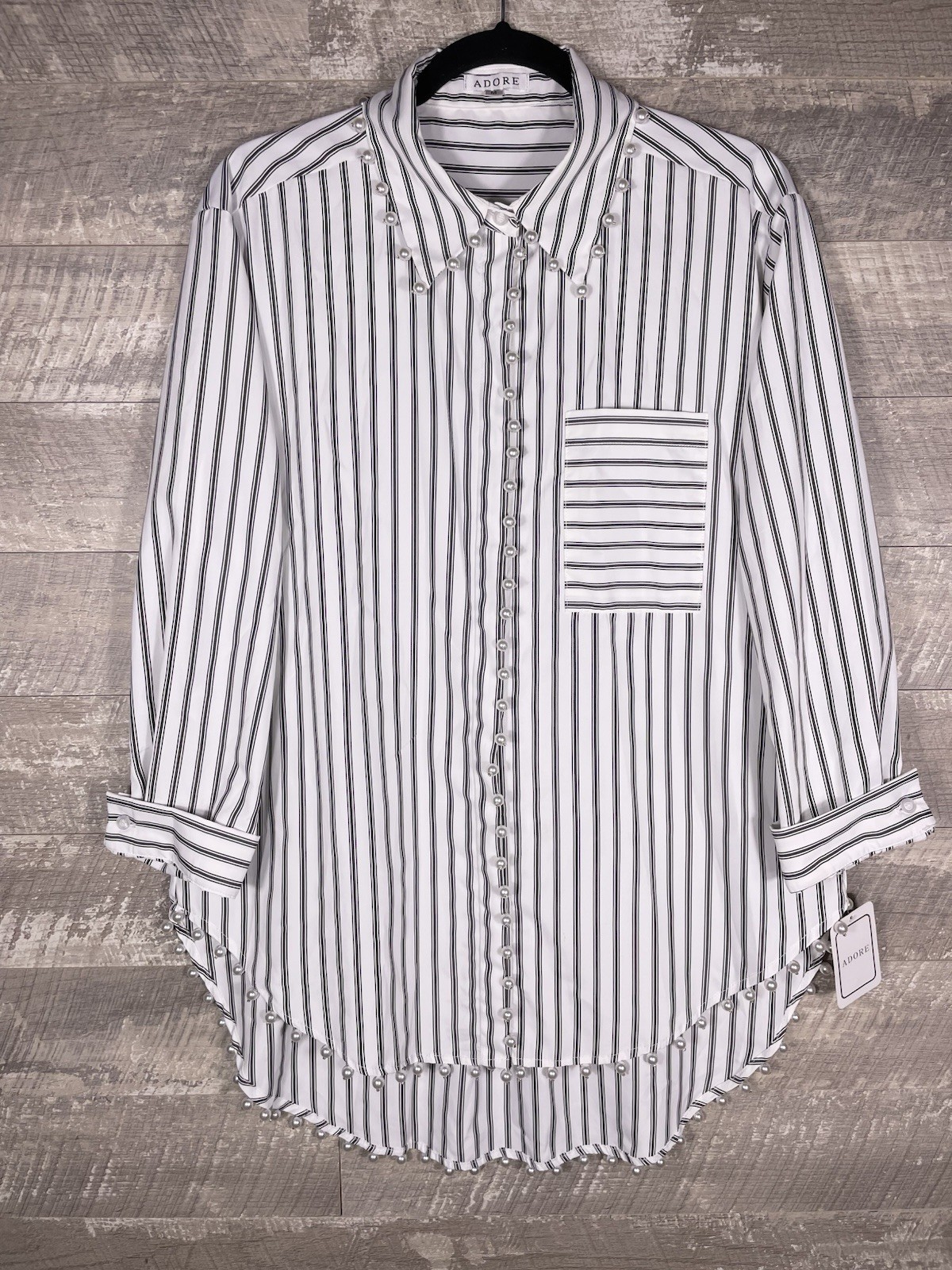 Adore Me Pearl Trim Striped Hi Low Hem Button Up Roll Sleeve Blouse Size M Flaw*