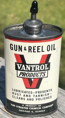 Vintage Vantrol Products Gun & Reel Oil Lead Top Litho Tin Can Advertising Oiler