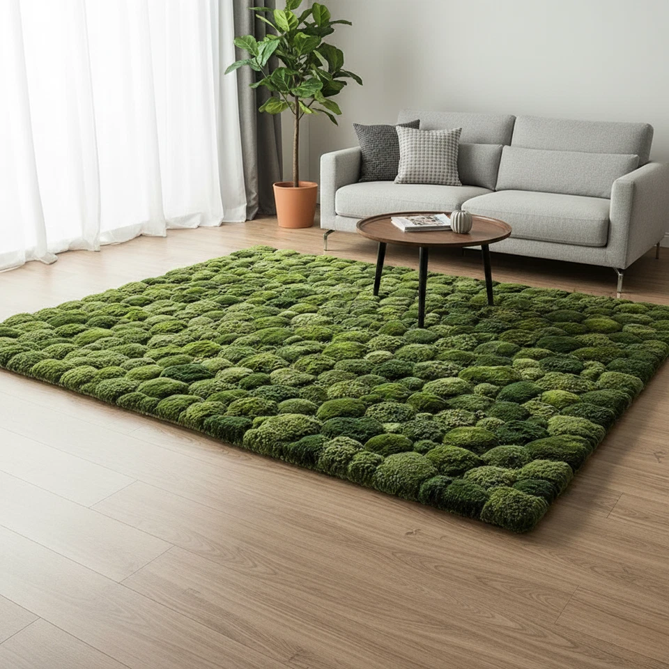 Alfombra de lana personalizada Moss Ball moderna acolchada a mano bosque verde para dormitorio Foto 2 de 4