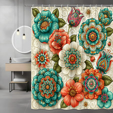 Boho Floral Shower Curtain, Turquoise Coral Flower Print