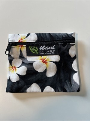 Hawaiian Zipper Coin Pouch - Aloha Print - 4.5'' x 4'', Black w/Plumeria Flowers