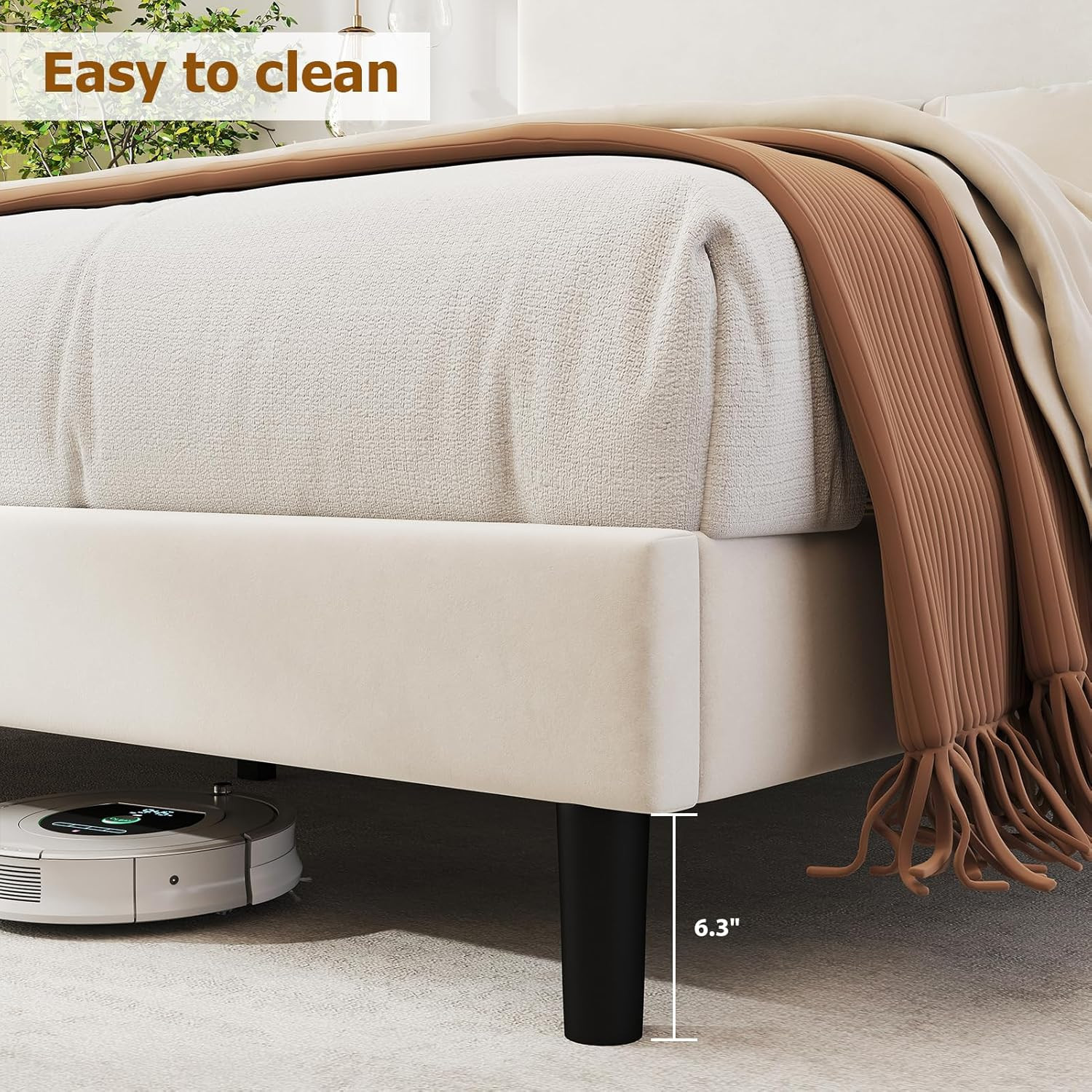 Queen Velvet Bed Frame with LED Lights & Charging Ports - No Box Spring Needed