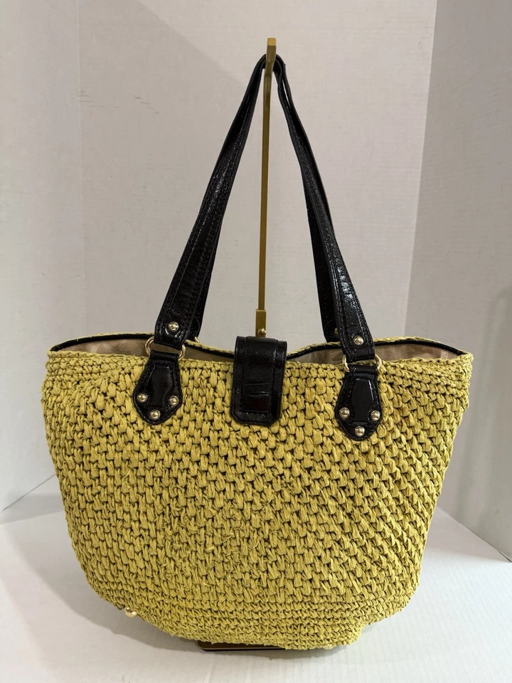 Michael Kors Womens Santorini Tote Bag Yellow Black Straw Patent Leather Woven - Image 2 of 4