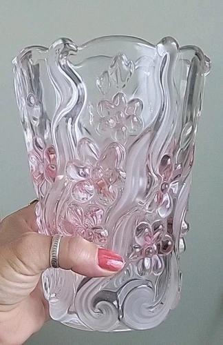  Glass Vase Frosted Pink Floral Dance 8” high