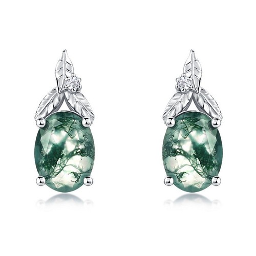 Natural Moss Agate Oval Leaf Drop Earrings S925 Sterling Silver Women Gift