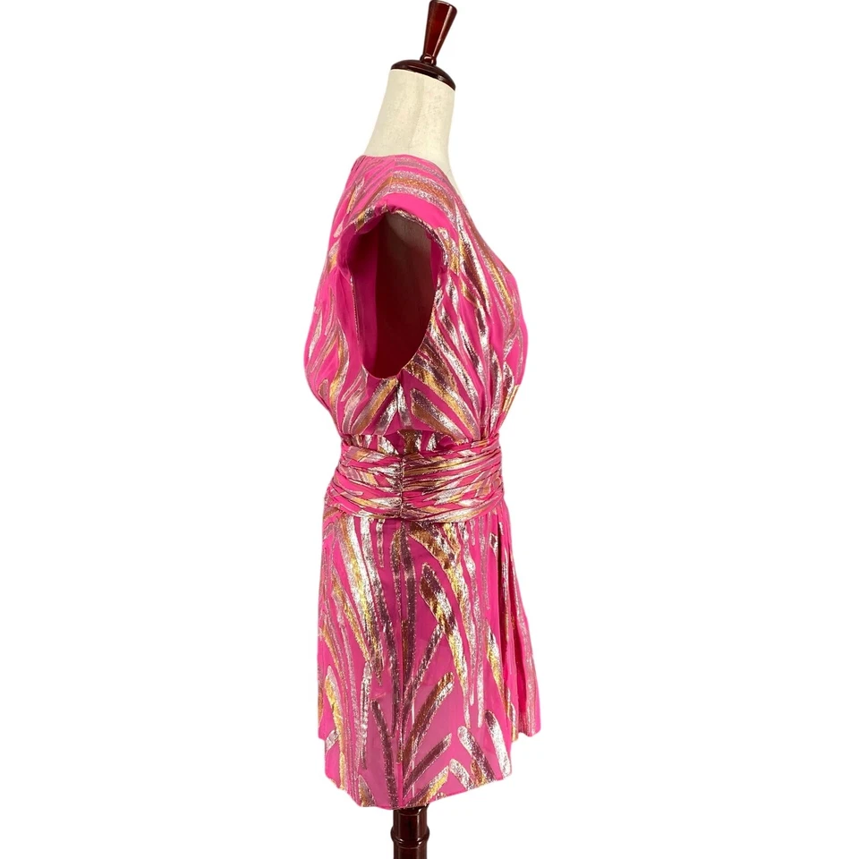 Ramy Brook Reina Mini Party Dress Womens M? Pink Metallic Silk Blend Deep V Neck - Image 2 of 4