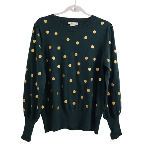 Boden Sweater Womens 10 Green Antonia Cotton Wool Crewneck Polka Dots Pullover