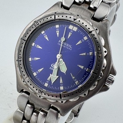VTG Fossil Quartz Watch Men Silver Blue Rotating Bezel Analog New Battery 7.75''