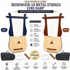 Old World Lyre Harp 10 Metal String Handmade Wooden Lyre Blue Brown Finish Music