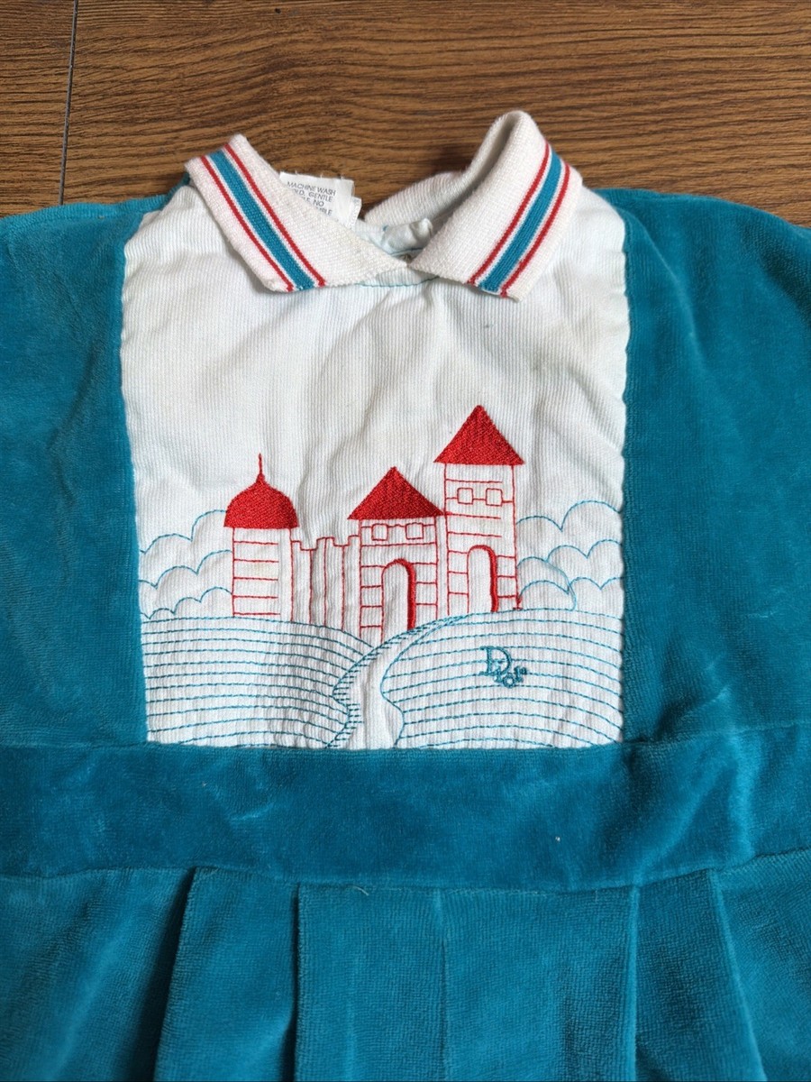 VTG 90's Baby Dior Teal Embroidered Velour Romper One Piece Size