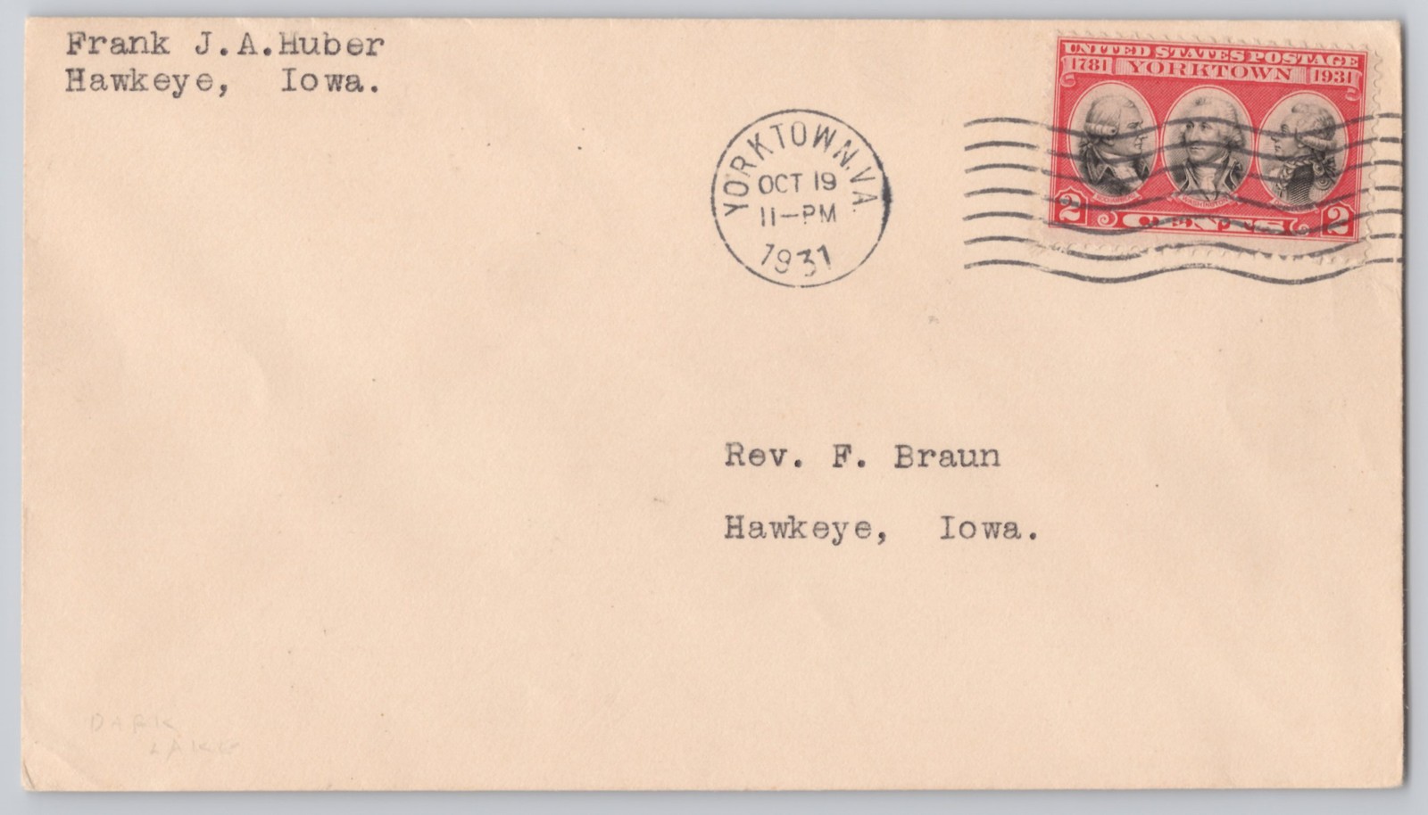 Yorktown, VA — Typed Envelope to Hawkeye, Iowa, 2¢ Stamp, — 1931