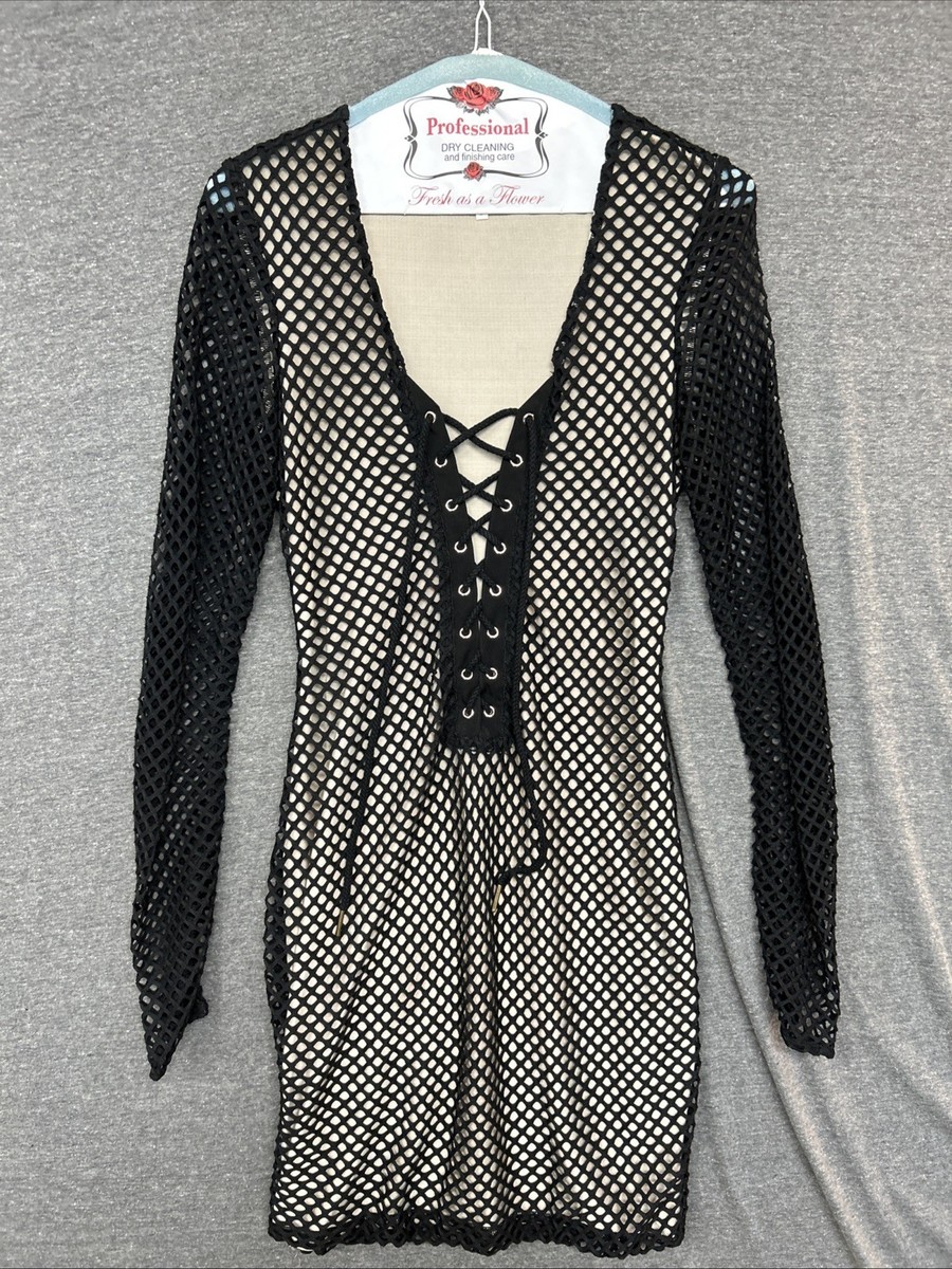 Mistress Rocks Women Small Fishnet Dress Lace Up Body Con Long Sleeve Black  | eBay