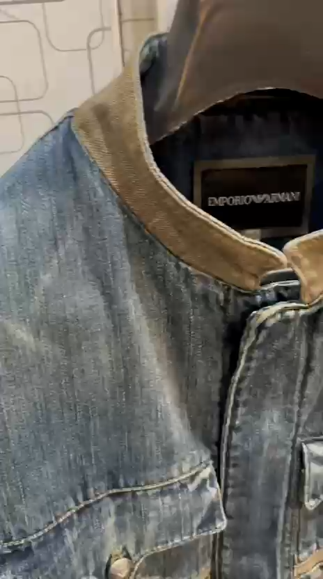 Emporio Armani Vintage Denim Biker Jacket XXL Blue Brown Italy 100