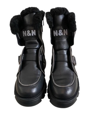 Nila & Nila Chunky Heel Leather Ankle Boots(Black) Size 38/7.5