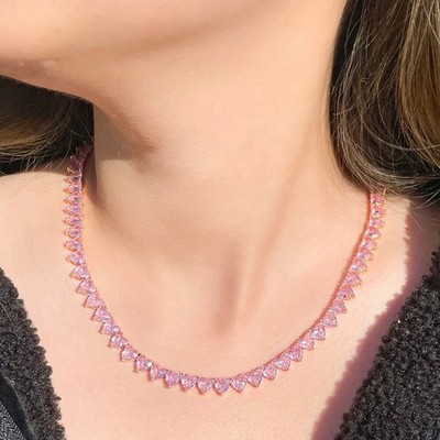 Rose Gold Plated Pink Lab Created Heart Tennis Round Choker Wedding Necklace 16''