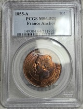 1855 A France Paris Mint 10 Centimes Napolean III PCGS MS64 RB Red Brown Coin