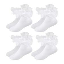 4 Pairs Girls Ruffle Socks Toddler Cute Pearls Lace Frilly 8-10 Years White