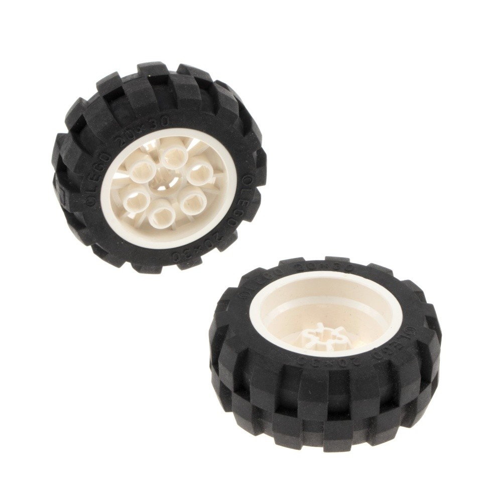 2x Lego Technic Wheel 20x30 Black Rim White Balloon Tire Medium 6582c01