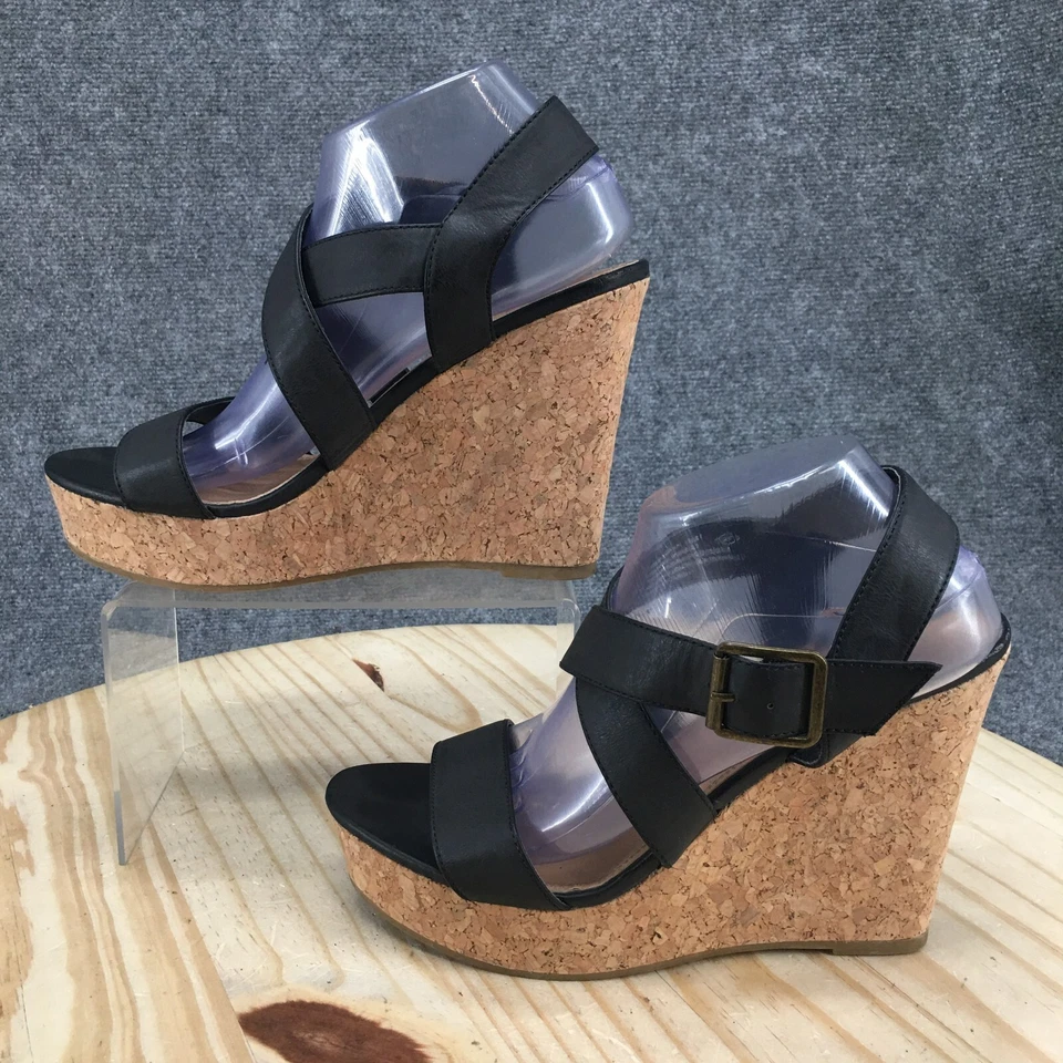 Tacones Rampage para mujer 9,5 M Happy Platform negro imitación cuero cuña hebilla informal Foto 2 de 4