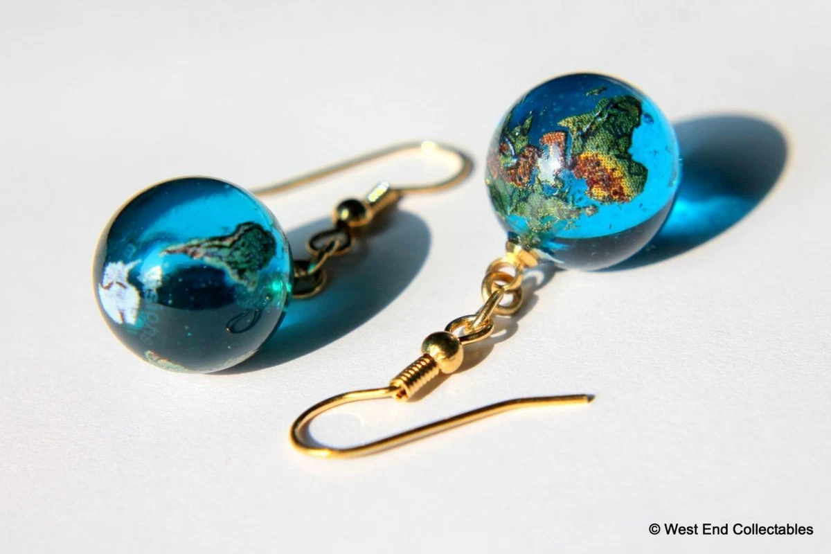 Planet Earth Earrings World Globe Glass Marbles Gold Fill Space Gift Jewellery