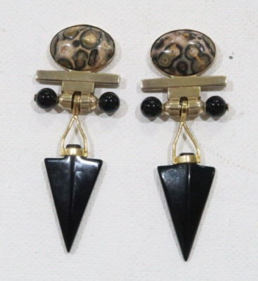 Designer Tricia Young Leopardenfell Achat schwarzer Onyx Sterling Modernist Ohrringe