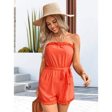 Frill Trim Belted Strapless Romper