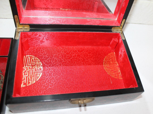 Elegant Asian Gloss Black & Red Lacquered Jewellery Ring Box Velvet Inner Shelf - Picture 12 of 17