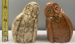 Two Granite Carved Owl Polished Statue Figurines Nice Pieces 3 1/2”