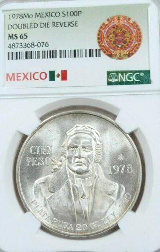 1978 MEXICO SILVER 100 PESOS S100P DOUBLED DIE REVERSE NGC MS 65 SCARCE GEM BU