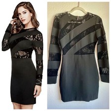 NWT Guess Frederikke Spliced Long Sleeve Dress w Peekaboo Lace in Black Size S