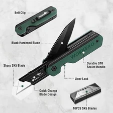WORKPRO 2in-1 Folding Knife/Utility Knife Quick-Change Box Cutter with Belt Clip
