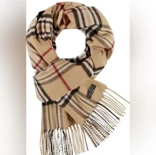 NEW V Frass Cashmink Womens Unisex Plaid Camel Classic Neck Scarf Fringe