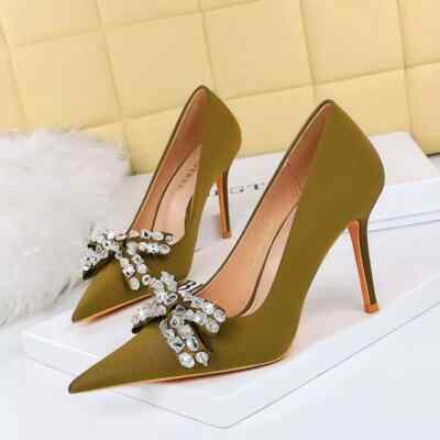 Decolte Scarpe Donna 10 cm Verde Strass Raso Eleganti Pelle Sintetica 79738