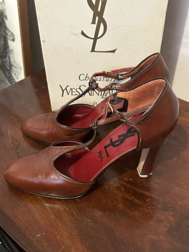Yves Saint Laurent Pumps  Size 7.5. Tabacco Brown Ankle Strap VTG - Picture 1 of 6