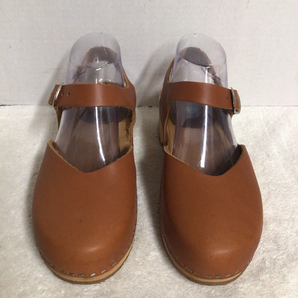 Mia Sofia Marrón Cuero Zueco Zapatos Gruesos Madera Tacones Correa para el Tobillo EU 40 Suecia Foto 3 de 4