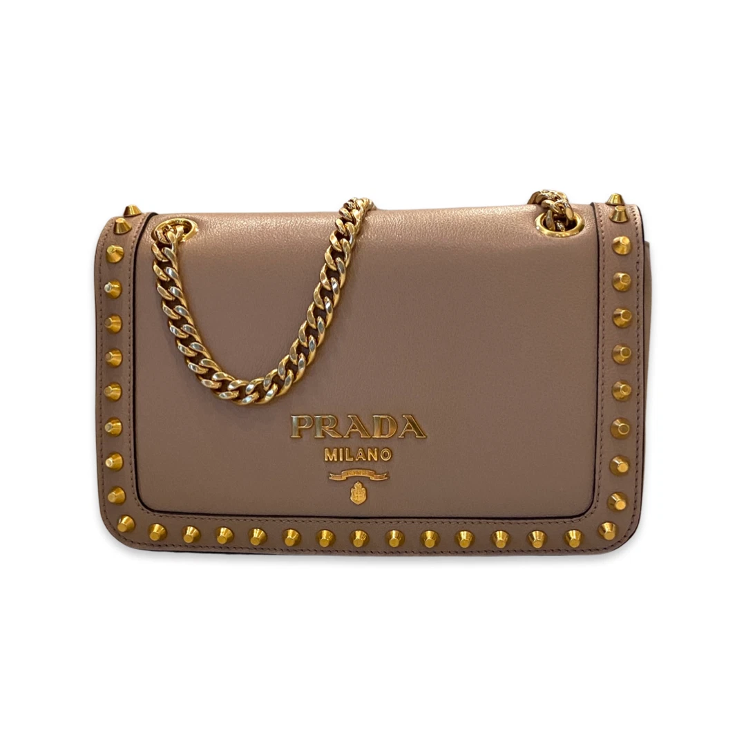 Prada Pattina Glace Calf Leather Cammeo Beige Gold Studded Bag 1BD147