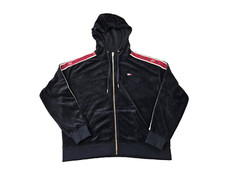 Tommy Hilfiger Sport Hoodie Women L Black Velvet Drop Shoulder Zip Front Pockets