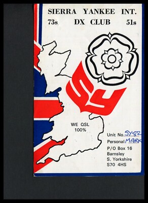 QSL Card Radio UK Sierra Yankee Int. DX Club SY82 Barnsley Yorkshire 1982   Q366
