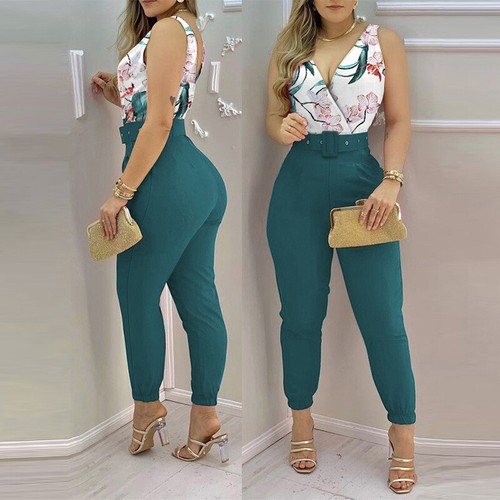 Woman Jumpsuits Elegant 2022 Jumpsuits Sexy V-neck Sleeveless Printed Jumpsuit - Picture 40 of 77
