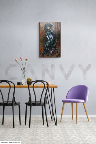oil painting on canvas of lady in black dress wearing hat with a greyhound dog. - Picture 6 of 11