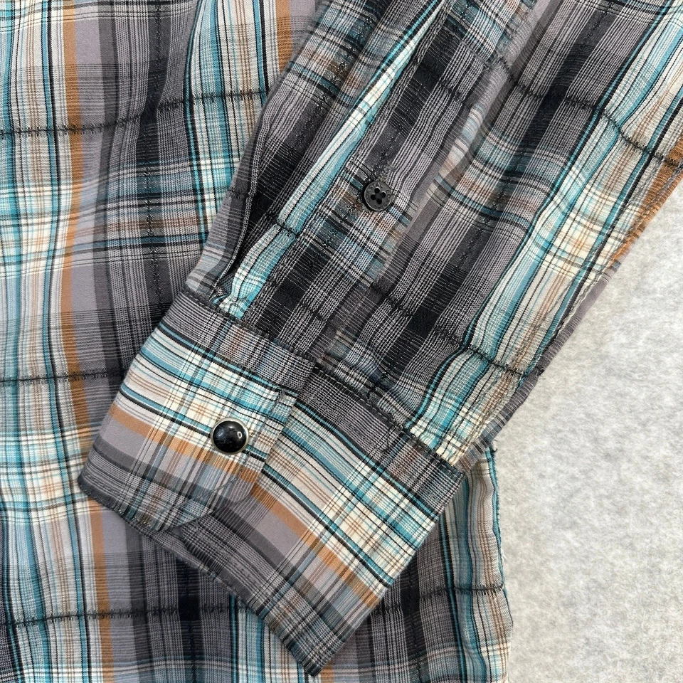 Coastal Western Shirt Mens M Gray Teal Orange Black Plaid Pearl Snap Long Sleeve - Image 2 of 4