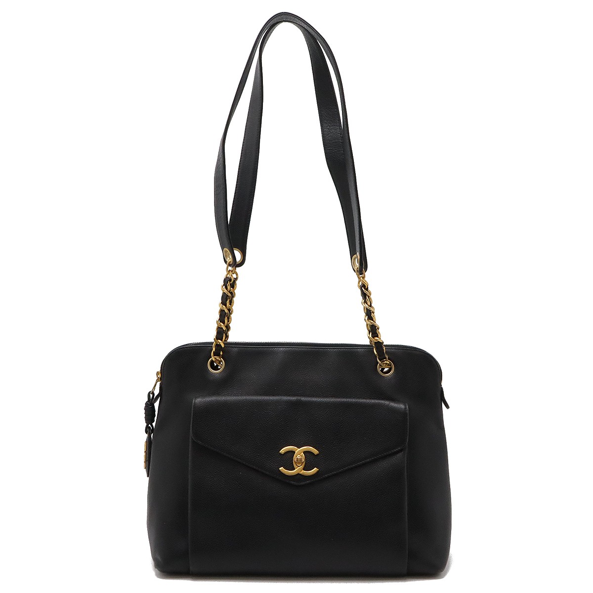 CHANEL Coco Mark Tote Bag in Black Caviar Leather with Gold Chain Shoulder Strap