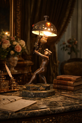 Raphaël Charles PEYRE signiert original 19. Jh. Bronze Figurenlampe Schmuckschirm