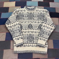 Vintage 90s North Bay Nordic Fair Isle Heavy Wool Sweater Gray Cream Chunky Knit